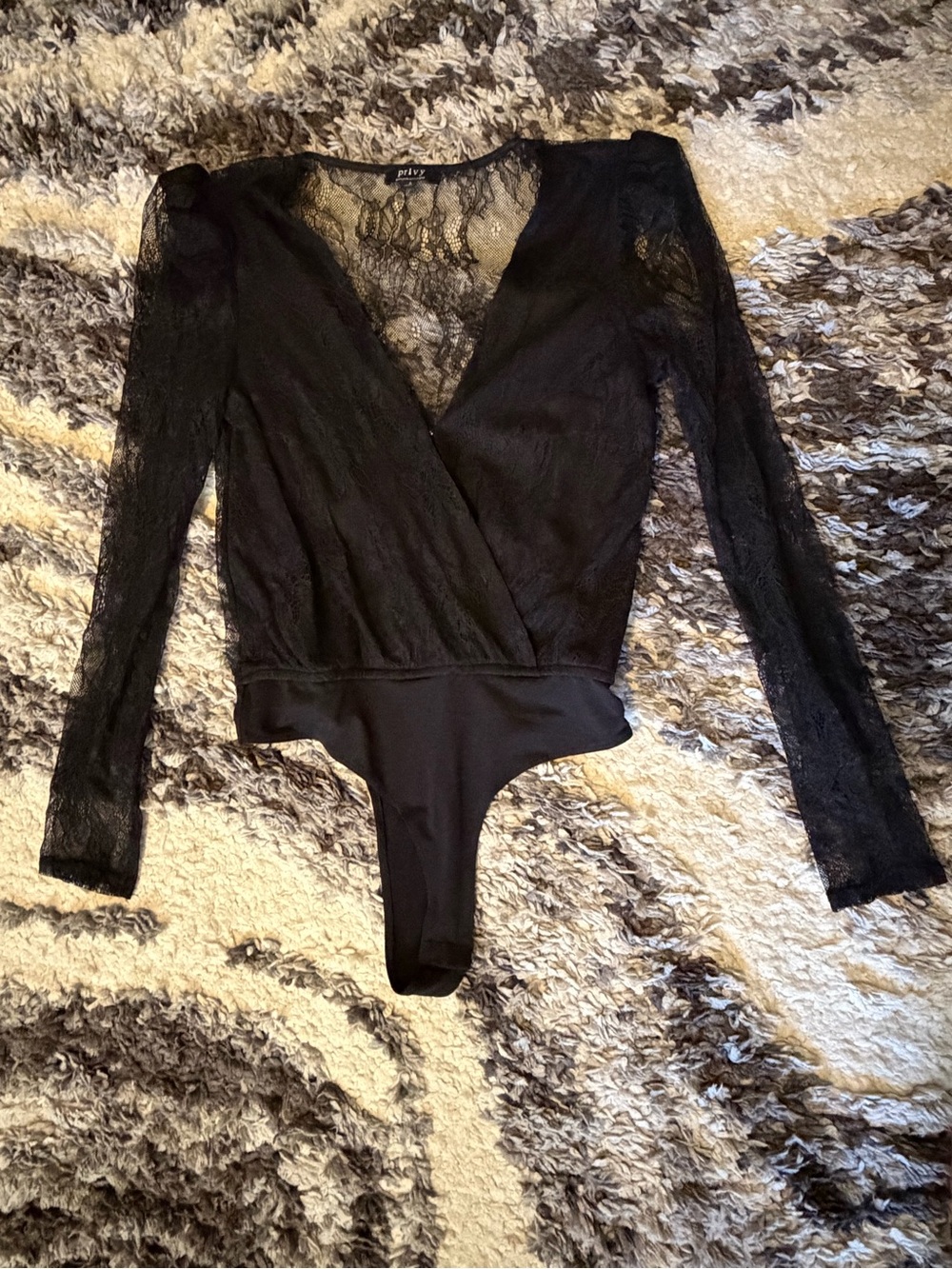 Black Lace Long-Sleeve Surplice Bodysuit